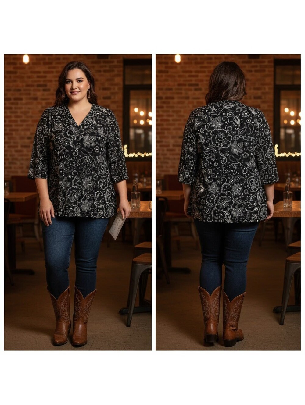 1716 - Kate Hill Woman Black and White Floral Patterned Tunic Top Size 3X